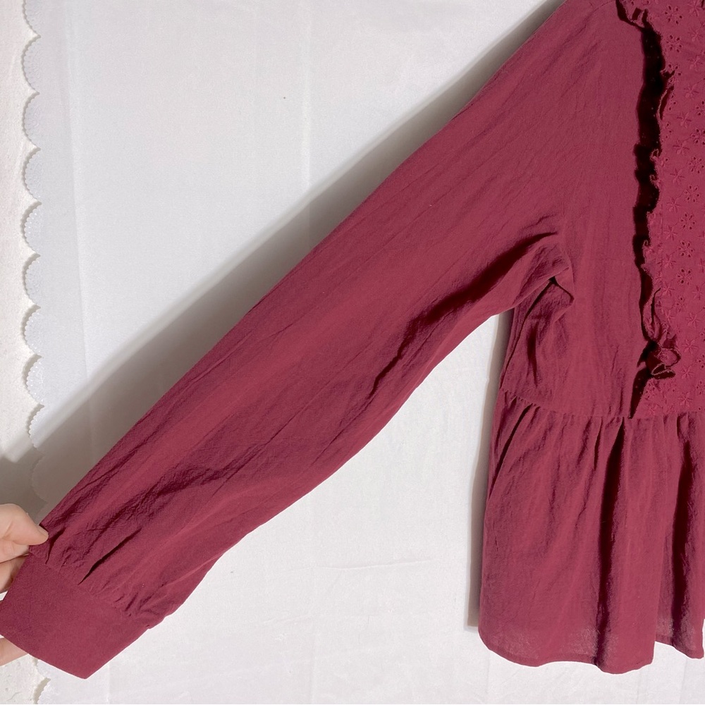 5/$25 Shein Burgundy High Collar Eyelet Ruffle Peplum Blouse L - Picture 11 of 15